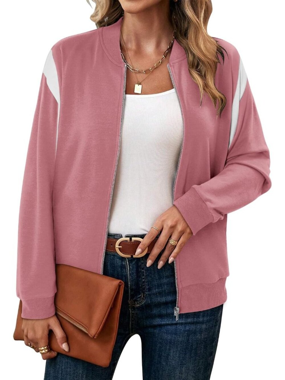 🆕 Women's Pink White Color Block Bomber Jacket Zip Up Casual Lightweight Coat